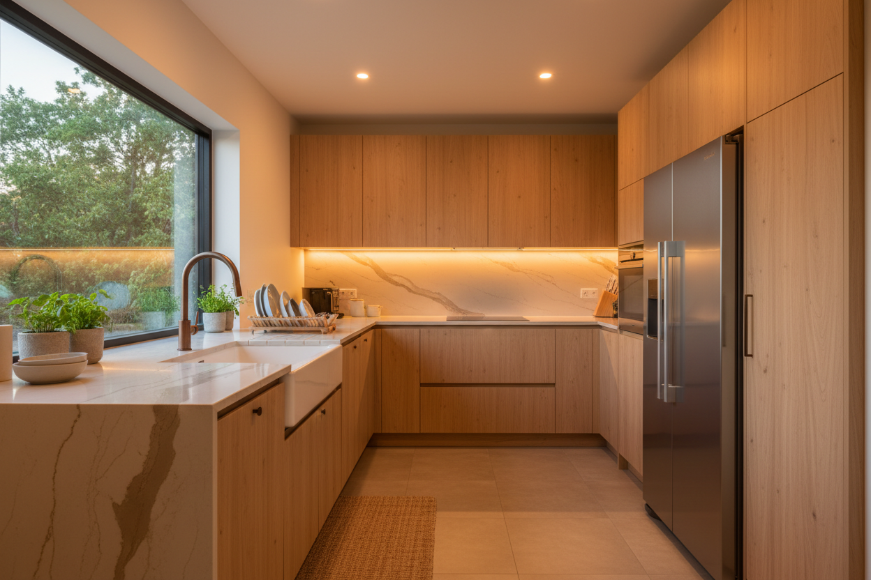 modern kitchen with warm cozy vibes, sink and refridge in view